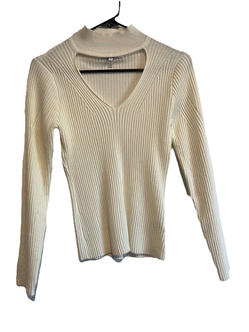 John + Jenn Women S Ivory Rib Knit Cutout Mock Neck Sweater Long Sleeve Chic